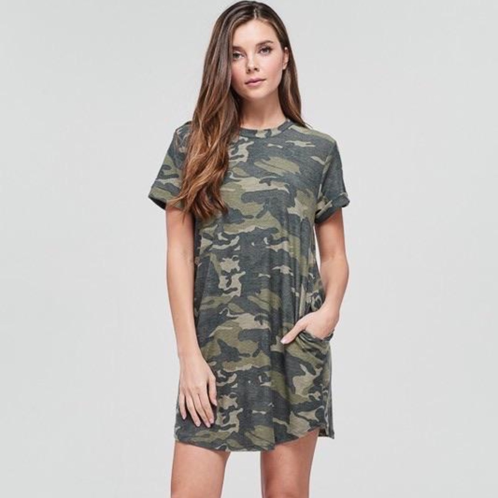 Camo Short Sleeve Dress With Pockets